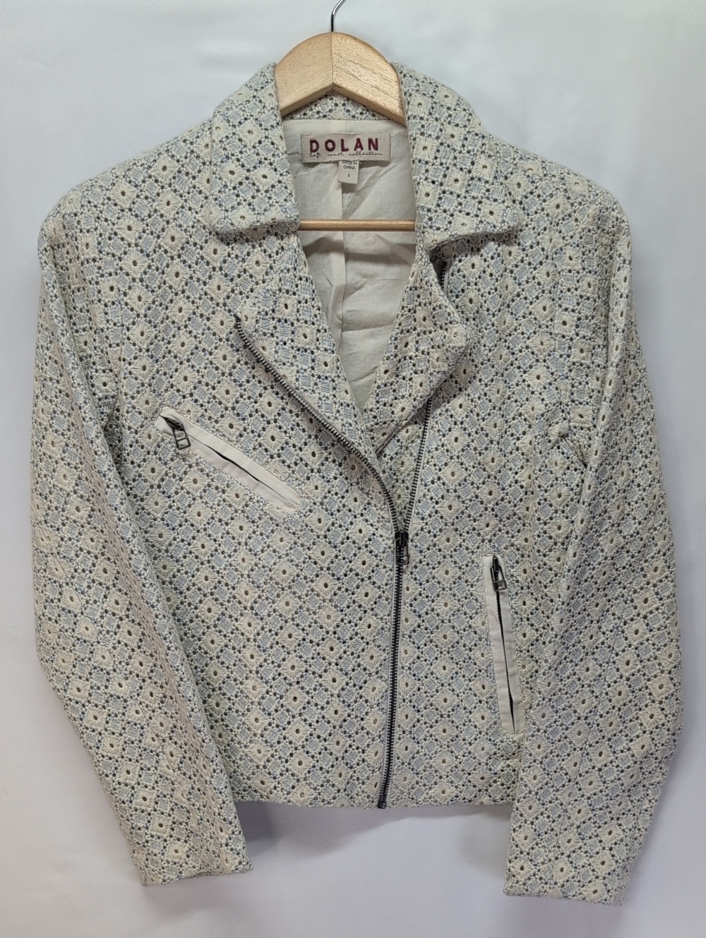 280.dolan Cream Textured Zip Moto‎ Blazer with Subtle Blue Accents